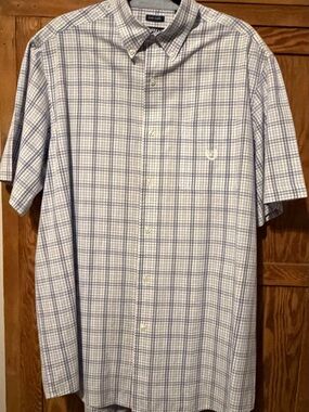 Chaps Men's Light Blue Plaid Short-Sleeve Button-Down Shirt XLT Cotton Blend EUC